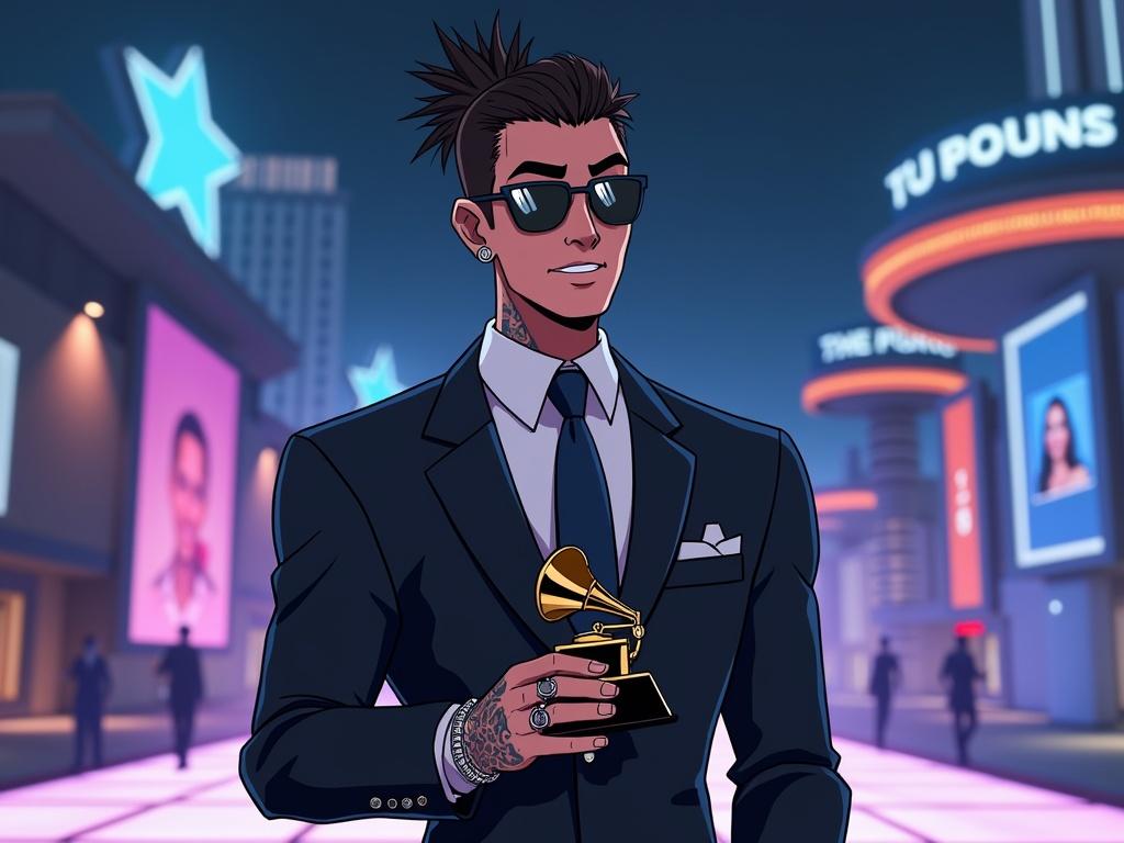 Character holding a Grammy on a modern music awards stage. Futuristic setting with neon lights and animated style. Character wears sunglasses and a sleek suit. Happy expression, showcasing tattoos and jewelry. Las Vegas night ambiance with a bustling background.
