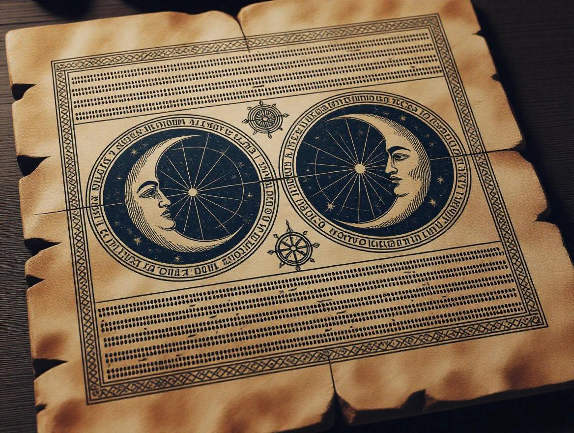 Ancient parchment depicting a dual moon calendar system featuring two engraved moons, various astrological symbols and ancient scripts, rendered in warm lighting with a historical artifact appearance.