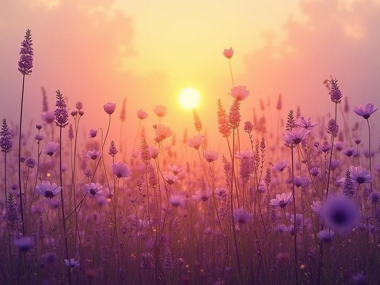 Dreamy floralscape featuring purple and orange flowers. Soft light from a sunset fills the scene. Flowers stretching towards the horizon.