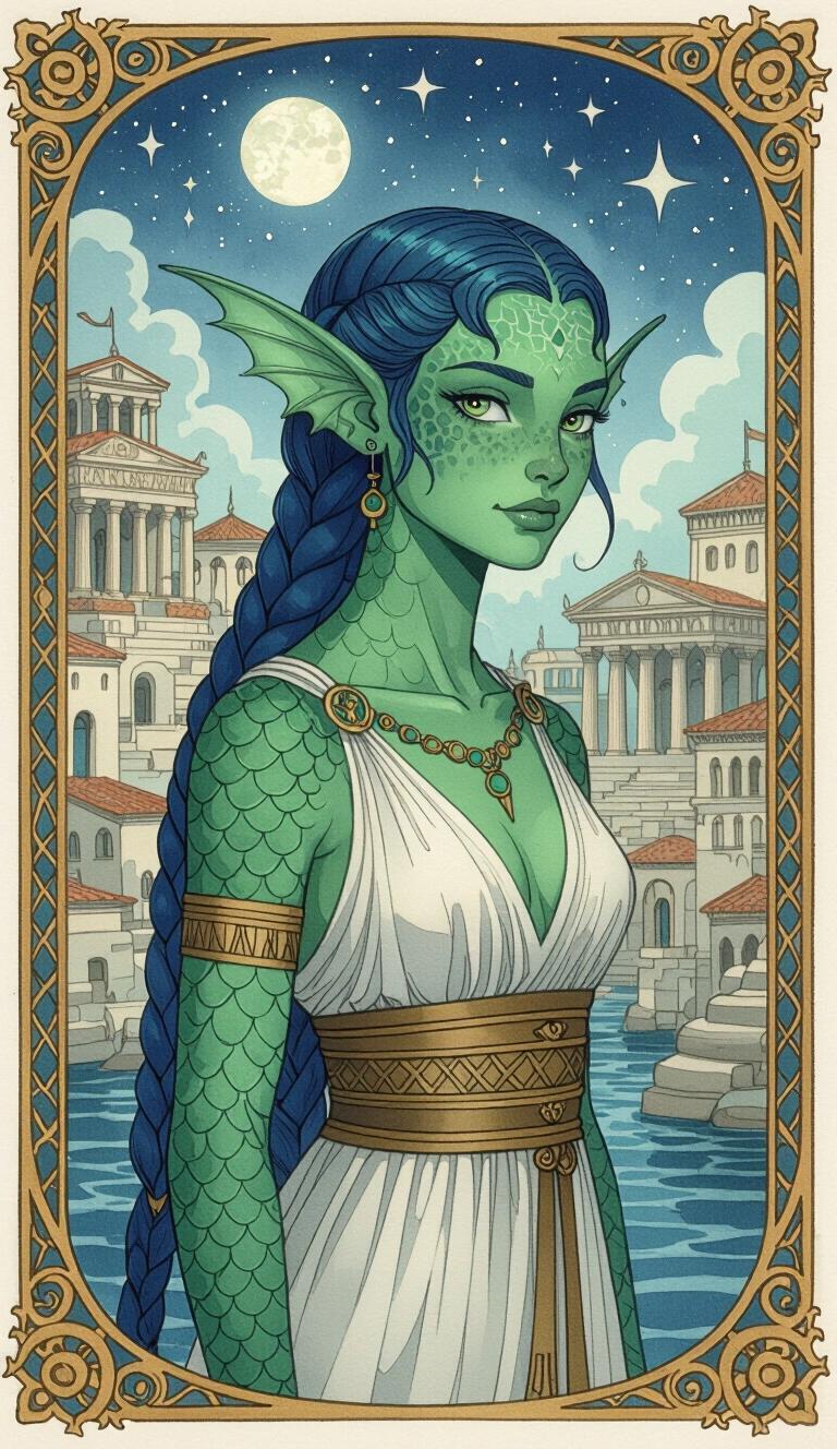 Dark watercolour illustration features a Triton female with small sharp finned-fish-ears and green-blue scaled skin. Background depicts Ancient Grecian Fantasy port city. She is dressed in ancient Greek clothing. Character has long blue-green braided hair and is connected to stars. Features scaled cheeks neck and forehead. Full body with green skin. Amphibian appearance.