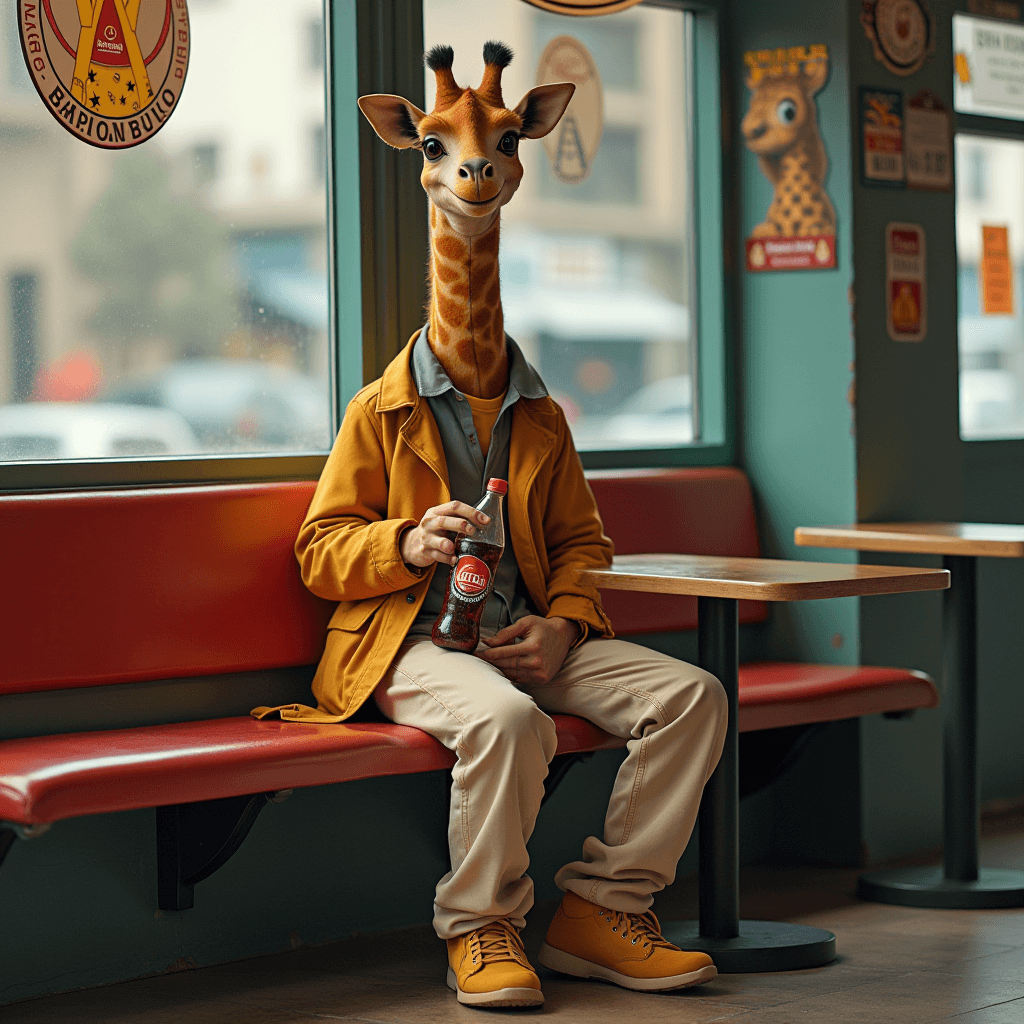 A whimsical scene featuring a giraffe-headed character sitting in a diner holding a soda bottle.