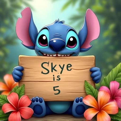 Cartoon character Stitch holding a wooden sign. The sign has an inscription. Tropical flowers surround the sign. The character is cheerful and colorful.