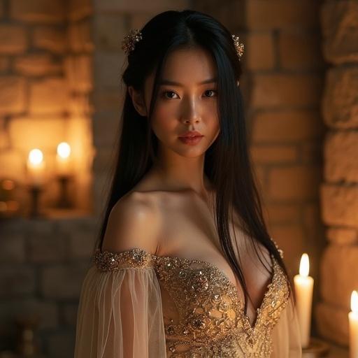 A beautiful Japanese woman with long black hair and graceful expression. She wears a medieval-inspired gown made of sheer fabric with embroidery. The stone chamber is softly lit by candles. Her posture is poised and noble with an inviting gaze.
