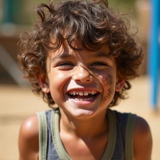 A young boy with curly hair and missing teeth grinning in a playground with dirt on his cheek under strong midday sunlight.