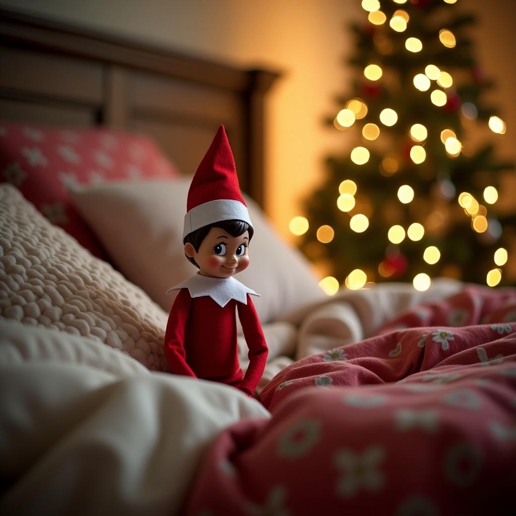 Elf on the Shelf in a cozy bedroom. Bed with soft pillows and festive bedding. Christmas tree in the background with twinkling lights.