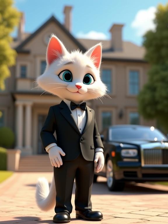 A charming Pixar-style white cat in a tuxedo stands confidently. The cat has large bright blue eyes and wears polished leather shoes. A stately mansion and a sleek black limousine provide an elegant backdrop. The scene is bright and inviting with a lush garden.