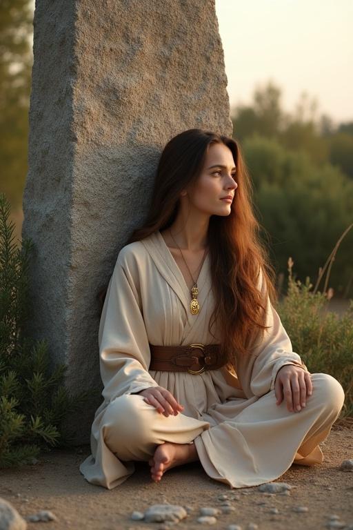 A young woman with long brown hair is sitting cross-legged against a granite menhir. The woman wears a natural-colored robe and leather belt. A golden medallion hangs around her neck. She is meditating. The menhir towers above her. The evening light creates serenity. Dense shrubs surround the menhir. The ground is stony with wild herbs.