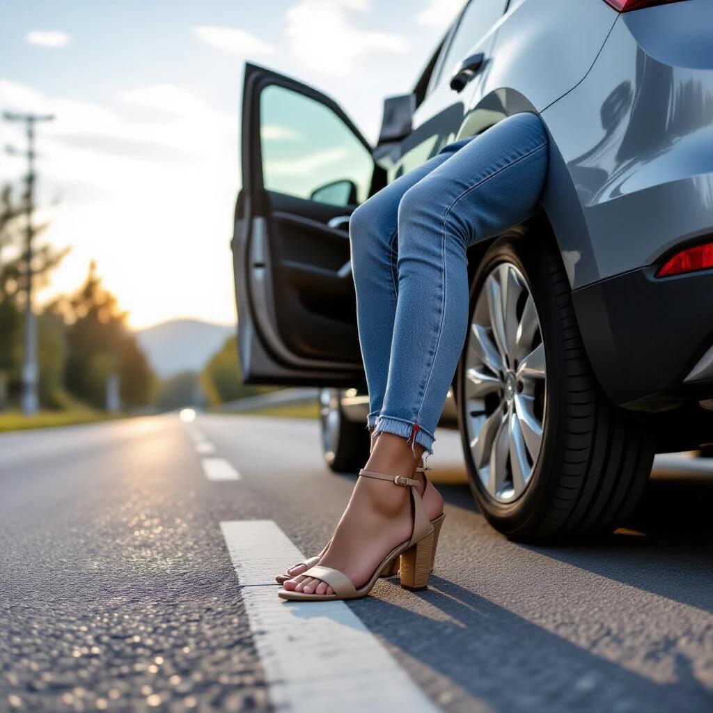 A woman's legs are seen extending from a car parked at the roadside. The background features a scenic view with soft sunlight illuminating the scene.