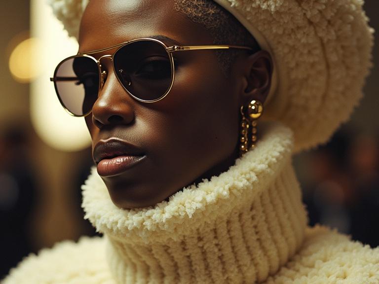 Close-up of a model in high-end, creamed fashion. Model wears gold sunglasses and has a stylish pose. Soft background, warm lighting. Inspired by top designers. Shot in a fashion context.