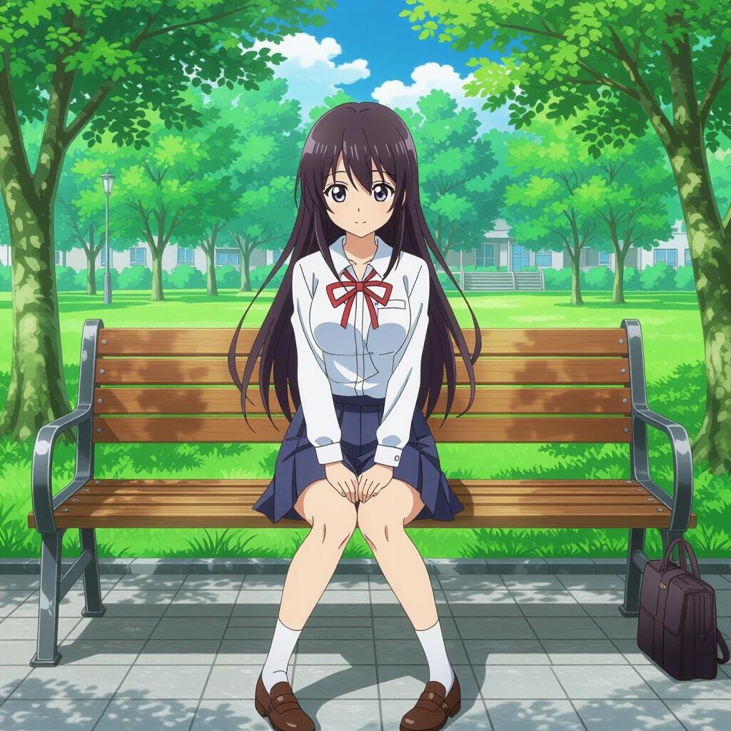 A girl dressed in a school uniform sits on a bench in a park. She wears a white collared shirt with a red necktie and a black pleated skirt. The scene is vibrant with trees and a clear blue sky in the background.
