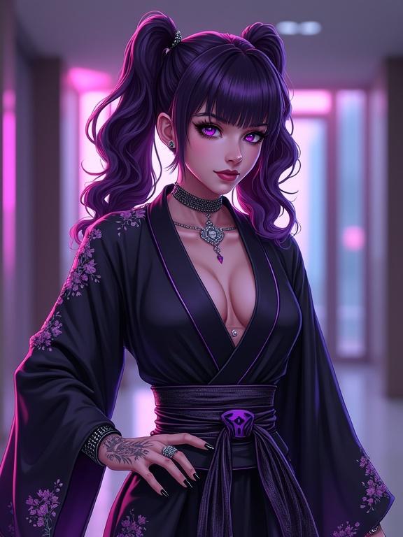 Anime woman in a modern dojo setting. Features purple amethyst eyes and jewelry. Wearing an extravagant black kimono. Shows strong presence with a serious expression. Long wavy purple hair styled in pigtails. Rich color palette with purple and black tones. Modern luxurious background elements. Incorporates traditional Japanese tattoo elements. Represents a unique character in a martial arts context.