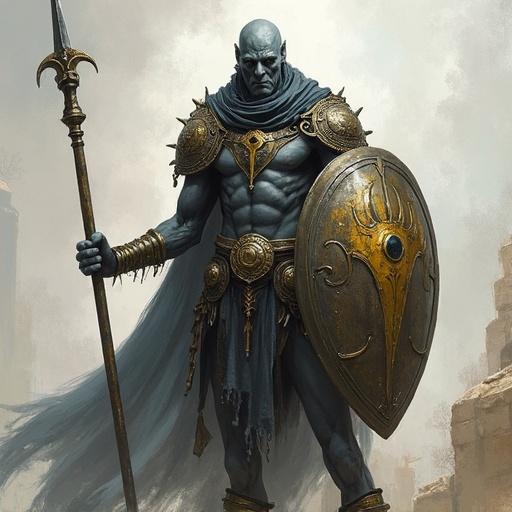 A slender drow warrior stands confidently. Left arm raised, holding a one-handed mace. Right arm shielded with a buckler. Minimal clothing, adorned with golden bracers. No swords or spears included.