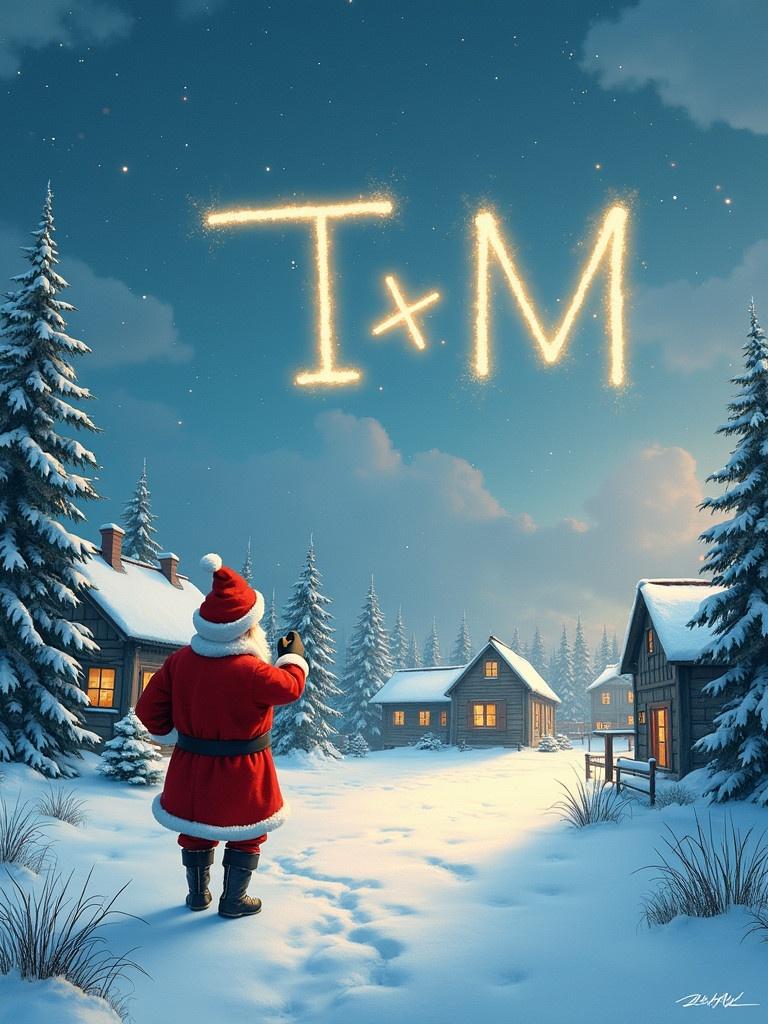 Santa visible in a snowy village. Houses made of wood surrounded by pine trees. Santa engaged in writing in the night sky. Message appears as glowing letters. Night filled with stars.