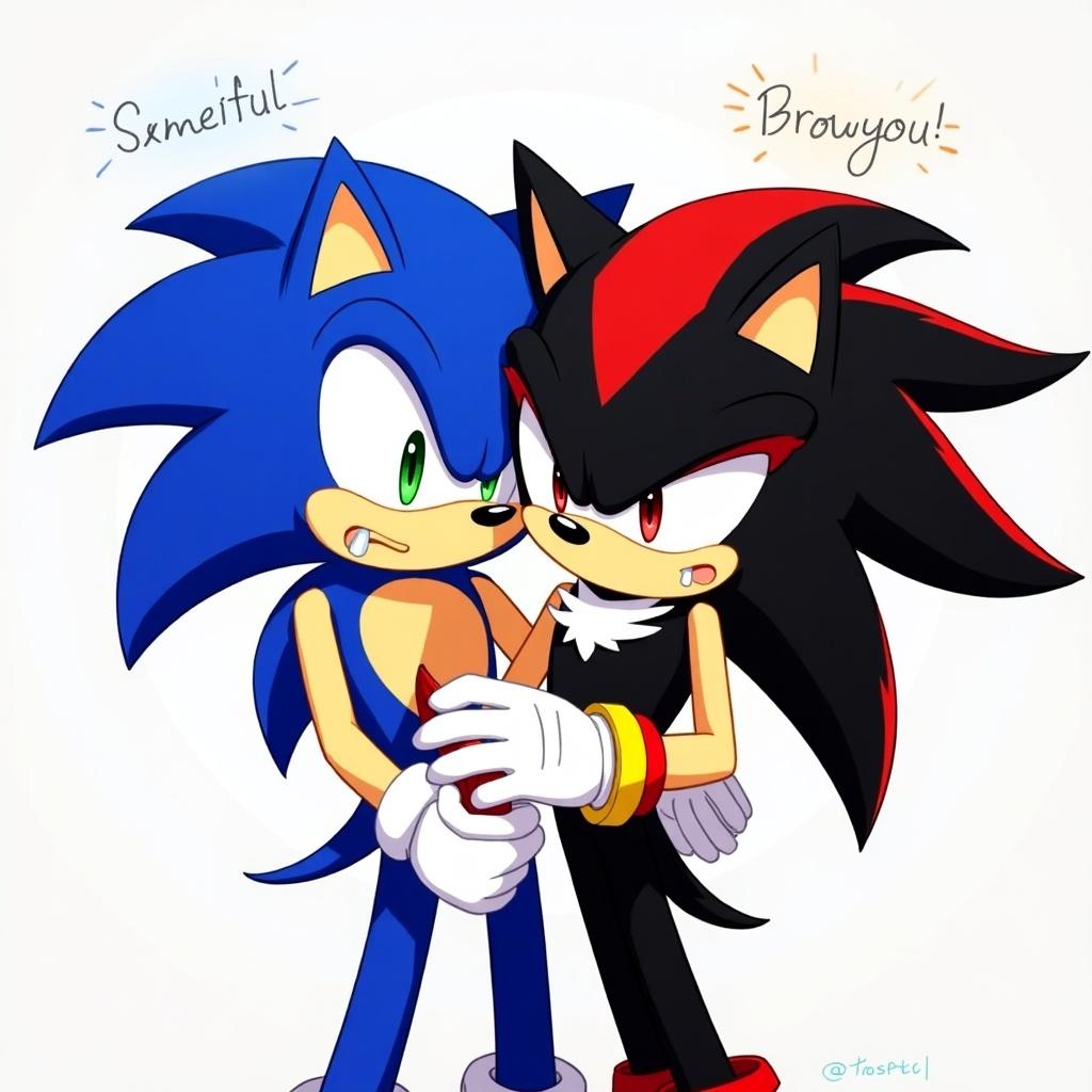 Two Sonic characters depicted as brothers. Sonic rests his face on Shadow's chest. Sonic shows emotion and is crying. Shadow has a solemn expression. They hold an object together to emphasize their bond.