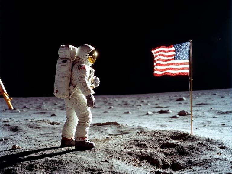 Astronaut stands on moon's surface in white spacesuit. American flag planted in ground. Dark black sky. Rugged and rocky lunar terrain. Textures on suit are visible. Flag features bright red and white. Flagpole is thin and wooden. Helmet has gold visor. Left side shows lunar module shadow. Bright sunlight creates ground shadows. High contrast with desolate landscape. Strong sense of isolation and achievement. Represents NASA mission. Captures historic moment in space exploration. Medium shot from wide angle. Color contrast is strong. Outdoors with night sky. Flag waves slightly in the wind. Astronaut stands upright in profile in solo exploration of space travel.
