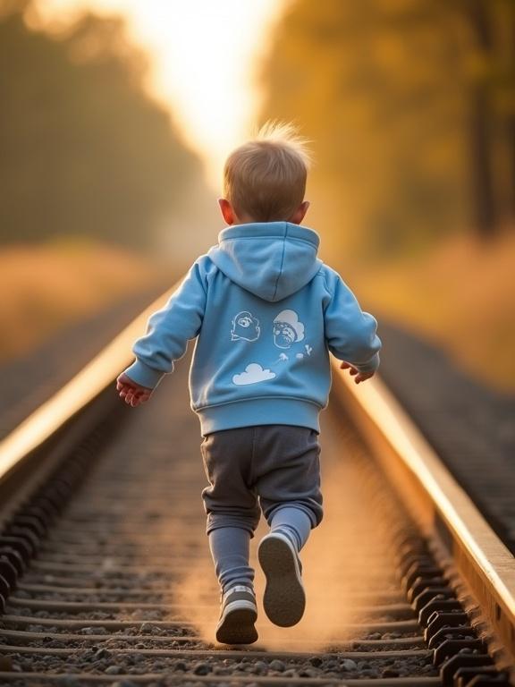 Back view of a child in a blue hoodie running on railway tracks during golden hour. Dust flies up as child moves fast. Trees are blurred in the background.