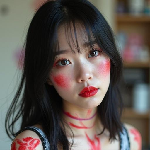 Portrait of a Japanese woman with a unique body paint design on her skin. The woman appears to be in her teenage years and has striking makeup with red colors. Her hair is dark and wavy, complementing her overall appearance. This image reflects a blend of traditional and modern Japanese culture.