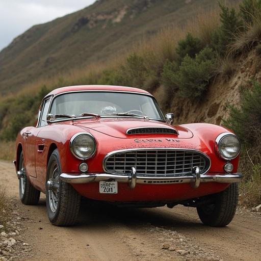 A vintage red sports car parked on a dirt road surrounded by hills. Natural setting with greenery and mountains in the background.