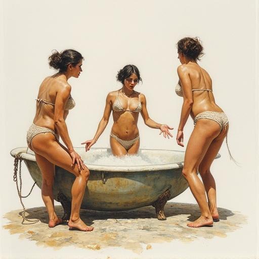 Full body view of three women in a shabby vintage Turkish bath. The setting has a white background. The women are engaged in playful discussion with gestures. The style has intricate linework and bold colors, evoking a light and airy atmosphere.