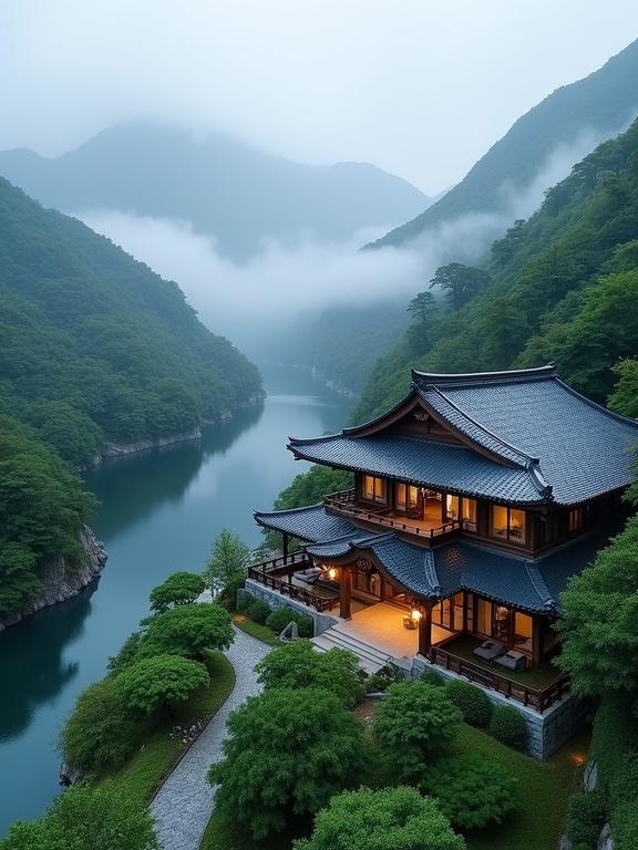 High-resolution image of traditional Japanese-style villa in lush green hills mountains. Architecture features gray tiled roofs wooden accents. Villa overlooks calm river winding pathway through gardens adds tranquility luxury. Soft lighting from windows creates warm inviting ambiance cool environment.