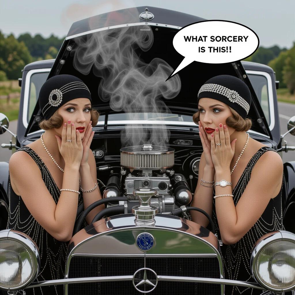 Roadside comedy scene featuring two socialites. Both women wear cloche hats and beaded dresses. They display expressions of shock and bewilderment. Their palms are pressed to their cheeks. They gaze at the exposed carburetor of a 1928 Mercedes-Benz. The engine emits steam from a boiling radiator. Detailed portrayal of the engine and reflections. Background of a mountain road in bokeh.