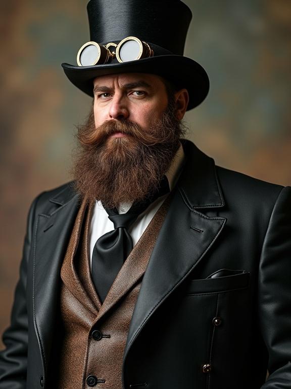 Large hairy bearded man wearing leather steampunk formal wear including a top hat and goggles
