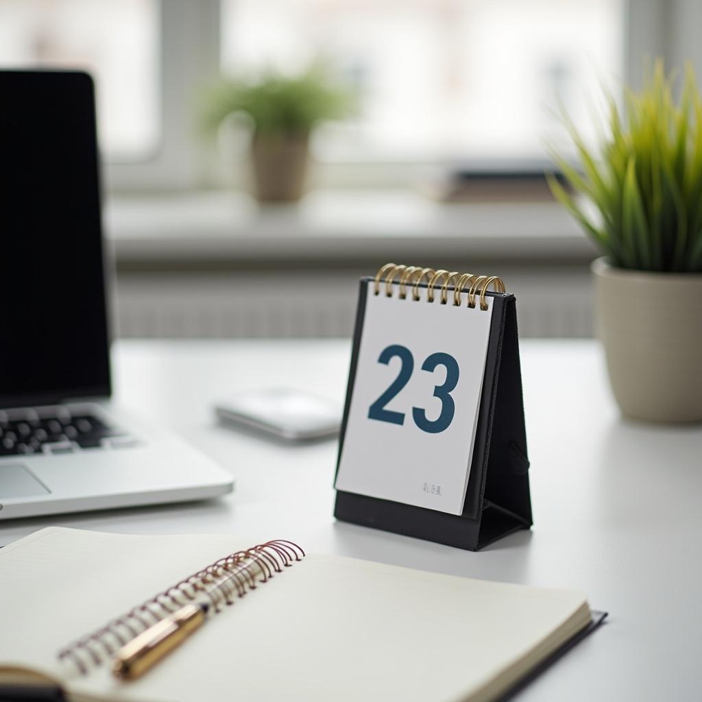 A small desk calendar displays the number 23. A laptop sits on a clean table. A notepad is open. A plant adds greenery to the scene.