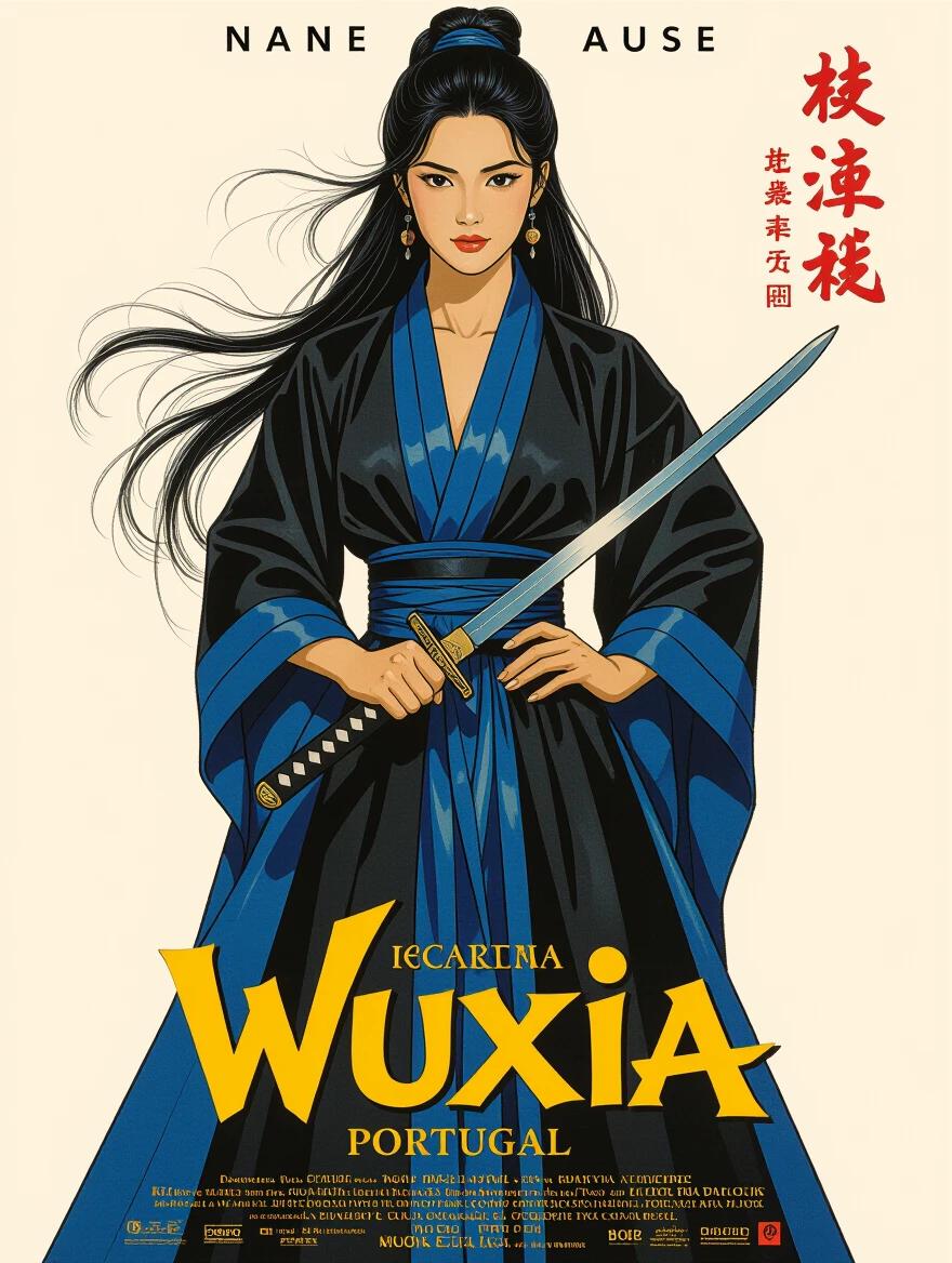 Illustration of a woman in black and blue clothes full body with long hair. The woman is holding a sword. The style resembles an 80s action movie poster. Title displayed at the top is Wuxia Portugal.