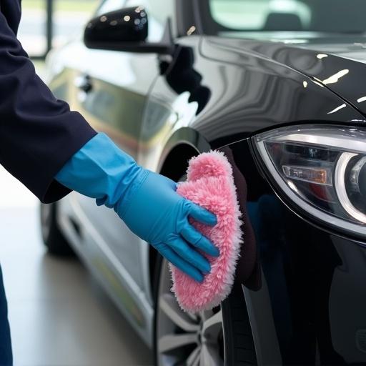 Person clean body of car using a soft pink cloth. Wearing blue gloves. Car surface reflecting light. Indoor setting with modern atmosphere.