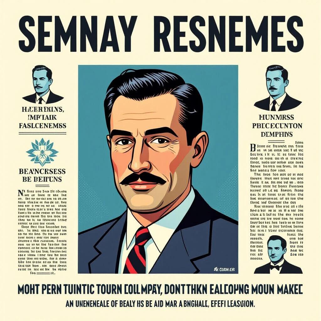 Image features a stylishly dressed man in a suit. Background has a retro look with graphic design elements. Poster includes vintage-style fonts and colors. Suitable for modern art displays. Represents fashion and graphic design themes.