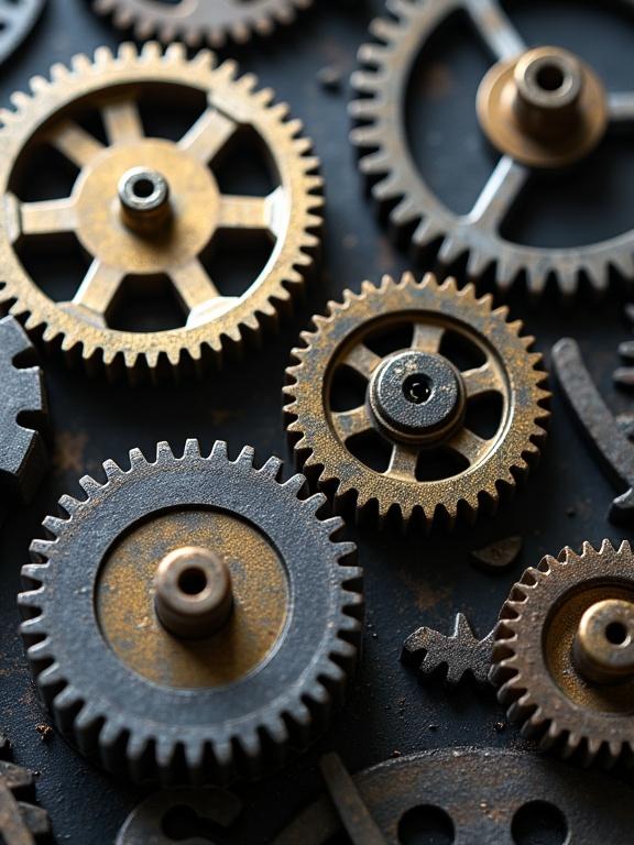 Collection of gears and mechanical moving parts arranged against a dark background