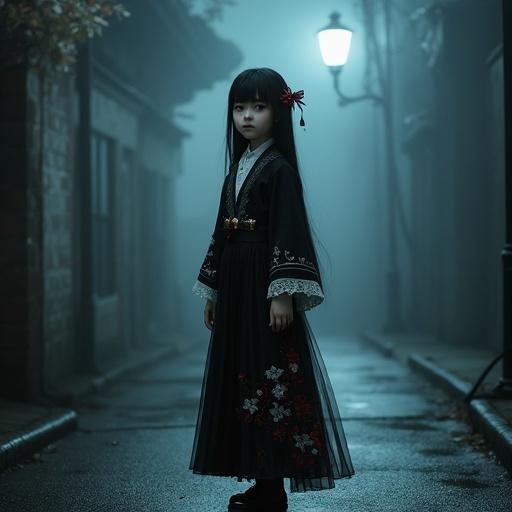 A ghostly young girl inspired by Persephone stands in a foggy urban alley at midnight. She wears gothic lolita and traditional Japanese clothing. Black lace blouse with white trims, sheer kimono jacket with cherry blossom patterns, and a long gothic skirt with silver embroidery. Long black hair with dark pomegranate flowers. Pale skin and glowing amber eyes. Wears tabi socks with black Victorian boots. Red thread of fate on her wrist, a bell, and an ancient key pendant. Standing barefoot, reflecting in the wet asphalt. Calm expression, haunting beauty, dark fantasy atmosphere.