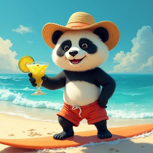 Panda in a beach hat and swim shorts on a surfboard riding a big wave smiling broadly while holding a margarita with bamboo sticks in it on a sunny day.