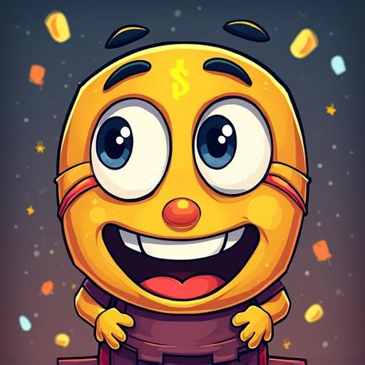 Image of a happy yellow emoji with a money symbol smiling, background with festive elements, and cryptocurrency themes, showing price increasing.
