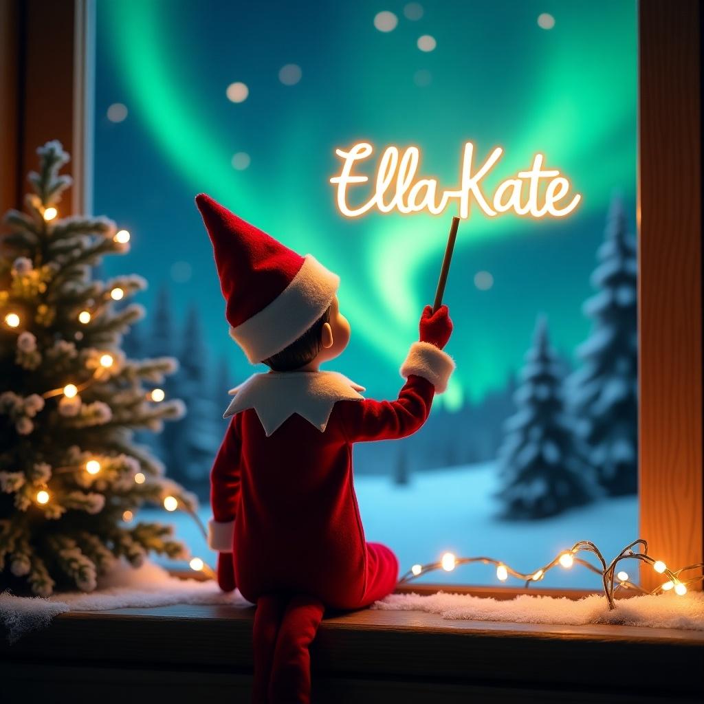 An elf on the shelf writing in glowing script. Scene includes northern lights in the background. Elf is in festive red and white attire. Christmas spirit is emphasized with decorations.