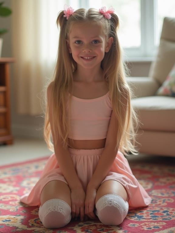Girl with long blonde hair sits on a colorful rug in a living room. She wears a pink crop top, a pale pink skirt, and thigh-high socks. She has pink bows in her hair. The room has soft lighting and a warm feel.