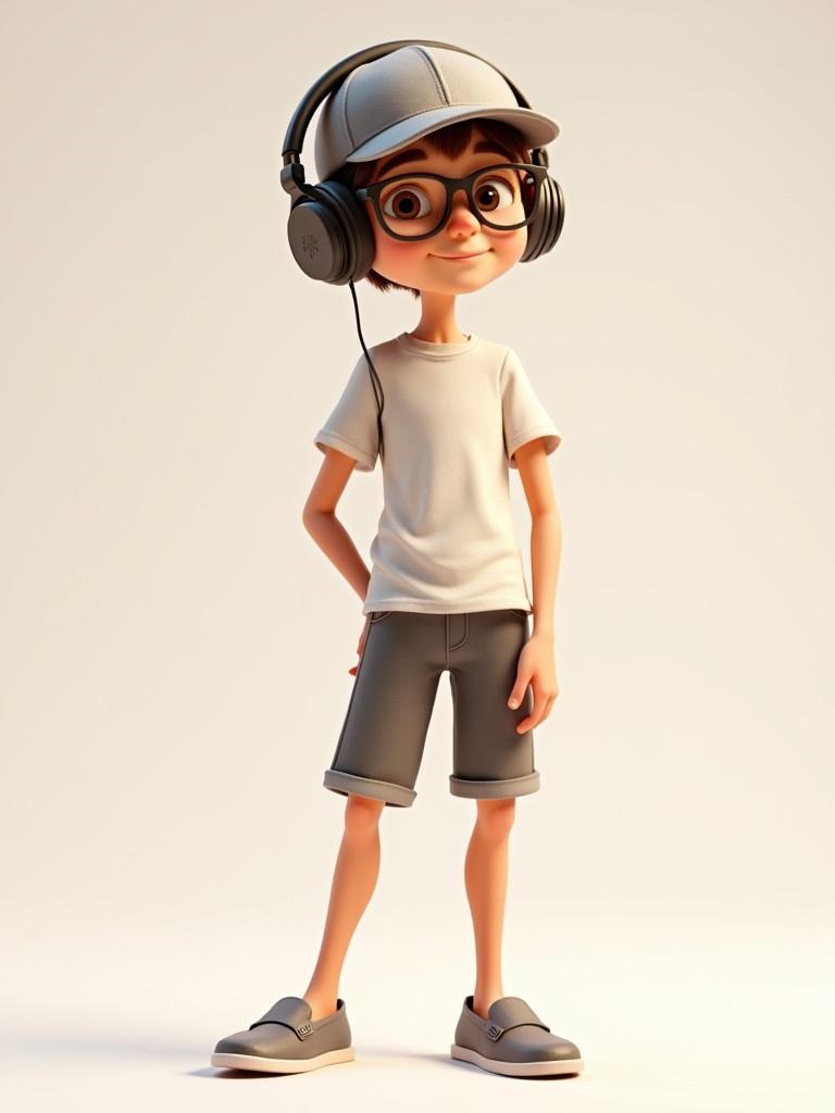 3D animated character displayed in three views. Character tall and thin. Wearing oversized headphones and cap. Dressed in simple t-shirt and shorts. Slip-on shoes. Playful and friendly demeanor. Bright lighting highlights casual outfit. Color palette consists of neutral tones for modern look.