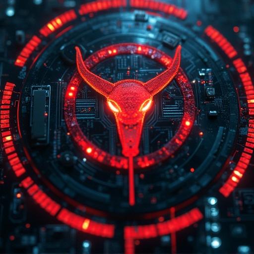 A stylized close-up of a circuit board. A prominent red bull skull symbol in the center. Circuitry serves as the backdrop. The image is illuminated with vivid red and blue tones. The design suggests themes of hardware security and cyber threats.