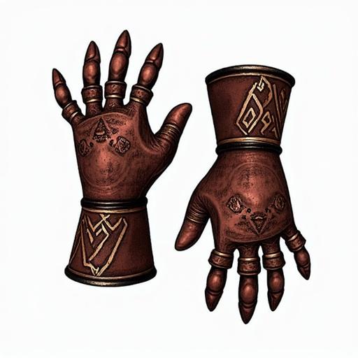 Legendary ornate gloves designed for an ARPG game. The gloves have intricate patterns and a bronze finish. Suitable for game assets with a transparent background.