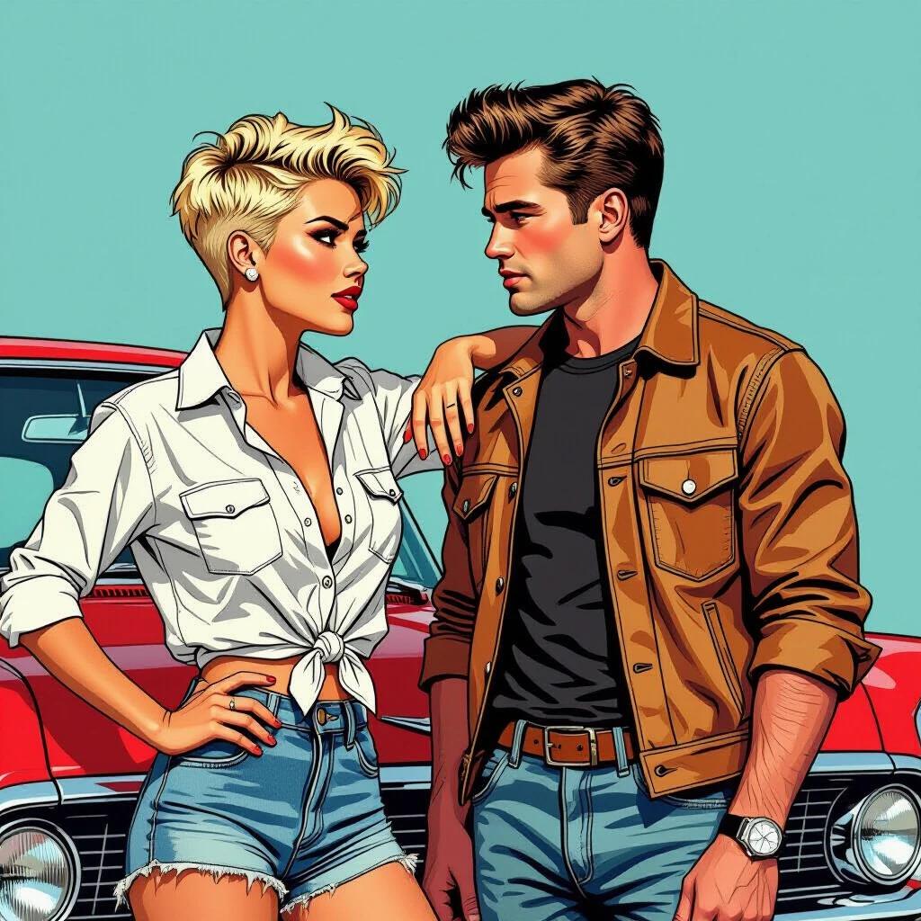 Illustration of a confident woman and a stylish man standing by a vintage car. Woman has short blonde hair styled in a punk fashion. She wears a tied white shirt and ripped denim shorts. Both characters have a strong presence and attitude. Colorful and vibrant art style resembles classic comic strips.