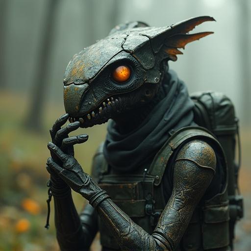Psy ops bug creature in a military setting. Character is thinking, has a spooky and edgy appearance. Features glowing eyes and intricate details.