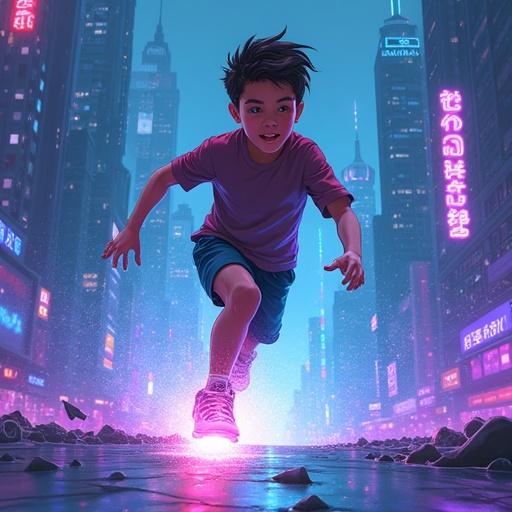 Illustrated book cover art. A 12-year-old boy runs with glowing quantum crystal sneakers. Background features a futuristic cityscape. Energy trails in vibrant cyan and purple. Crystalline fragments float in the air. Dramatic lighting highlights the scene. Young adult novel illustration style.