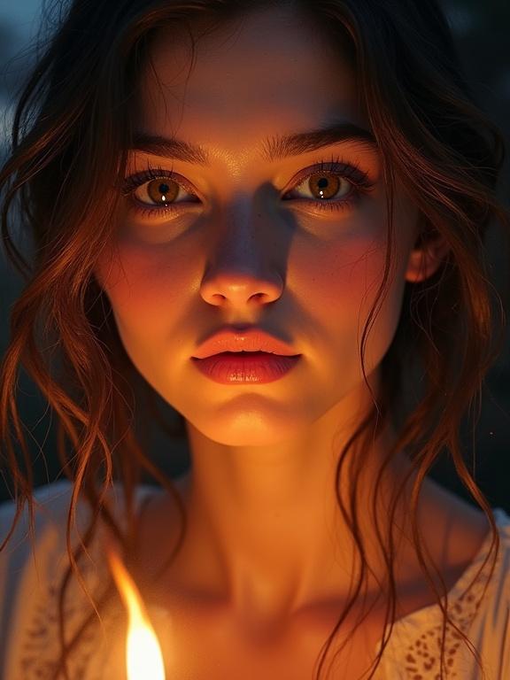 Close up of a young woman illuminated by candlelight. Half of her face in light and half in shadow. Warm flickering light enhances golden skin tones. Subtle glowing eyes hint at inner strength. Hair falls loosely around her. Background fades into darkness.