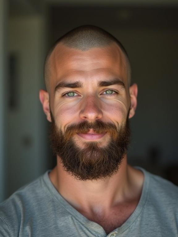 Portrait of a young man with green eyes and a shaved head. The man has a long beard. Muscular physique shown in a frontal pose. Appears smart with a shy smile.