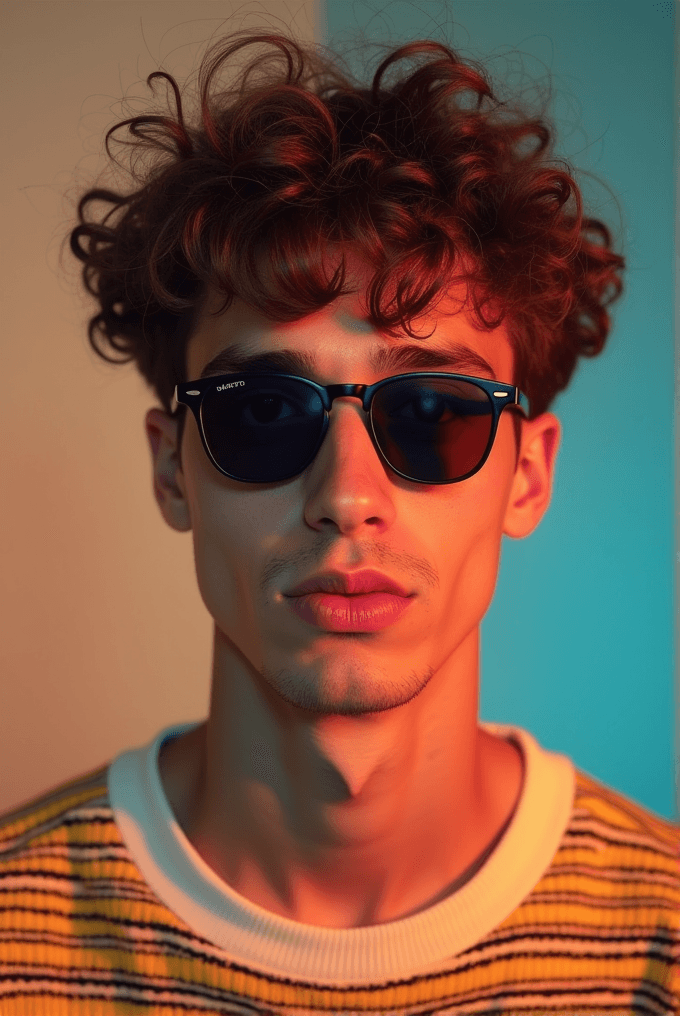 A person with curly hair wearing sunglasses looks confidently at the camera under colorful lighting.