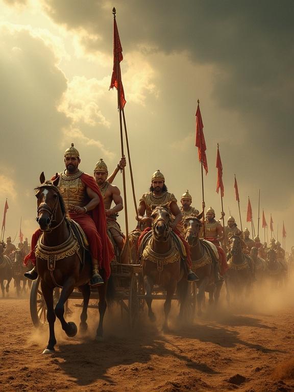 The Pandavas chariots are ready on the battlefield. Chariots have golden armor and divine flags. Powerful horses snort and rear. The sky is filled with storm clouds and the ground trembles. Epic mythological Indian war setting with dramatic lighting.