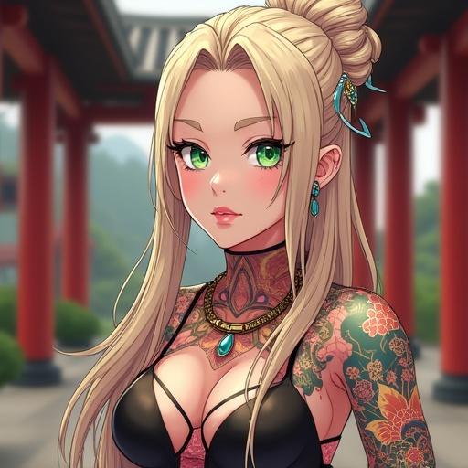 Anime character with emerald green eyes and light blonde oversized bun in a luxurious martial arts dojo setting. Character has tattoos, jewelry, and cybernetic leg. Dressed in edgy fashion. Setting features traditional Japanese elements.