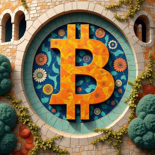 Architectural mosaic-style t-shirt design inspired by Antoni Gaudí featuring the Bitcoin symbol made from colorful ceramic tiles. Surround it with flowing natural forms including vines and arches. Use Mediterranean colors like terracotta and turquoise to create an artistic and joyful depiction of cryptocurrency.