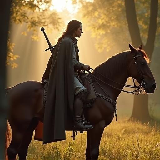Forest setting with sunlight. Young man in medieval tunic and cloak. Riding a horse. Long dark brown hair. Sword on back. Looking toward viewer.