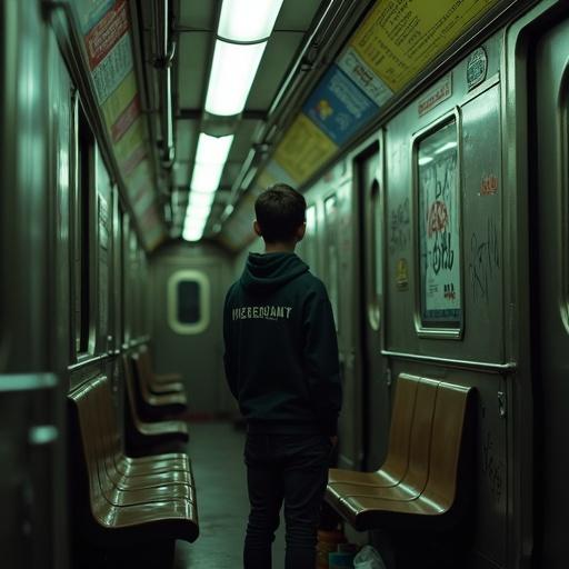 Highly realistic interior of a New York subway car. Slightly worn during quiet late night ride. Fluorescent lights flicker. Graffiti tags cover walls. Young man in hoodie stares out window. Trash on the floor. Slight condensation on windows. Muted tones and ISO grain with ambient reflections.
